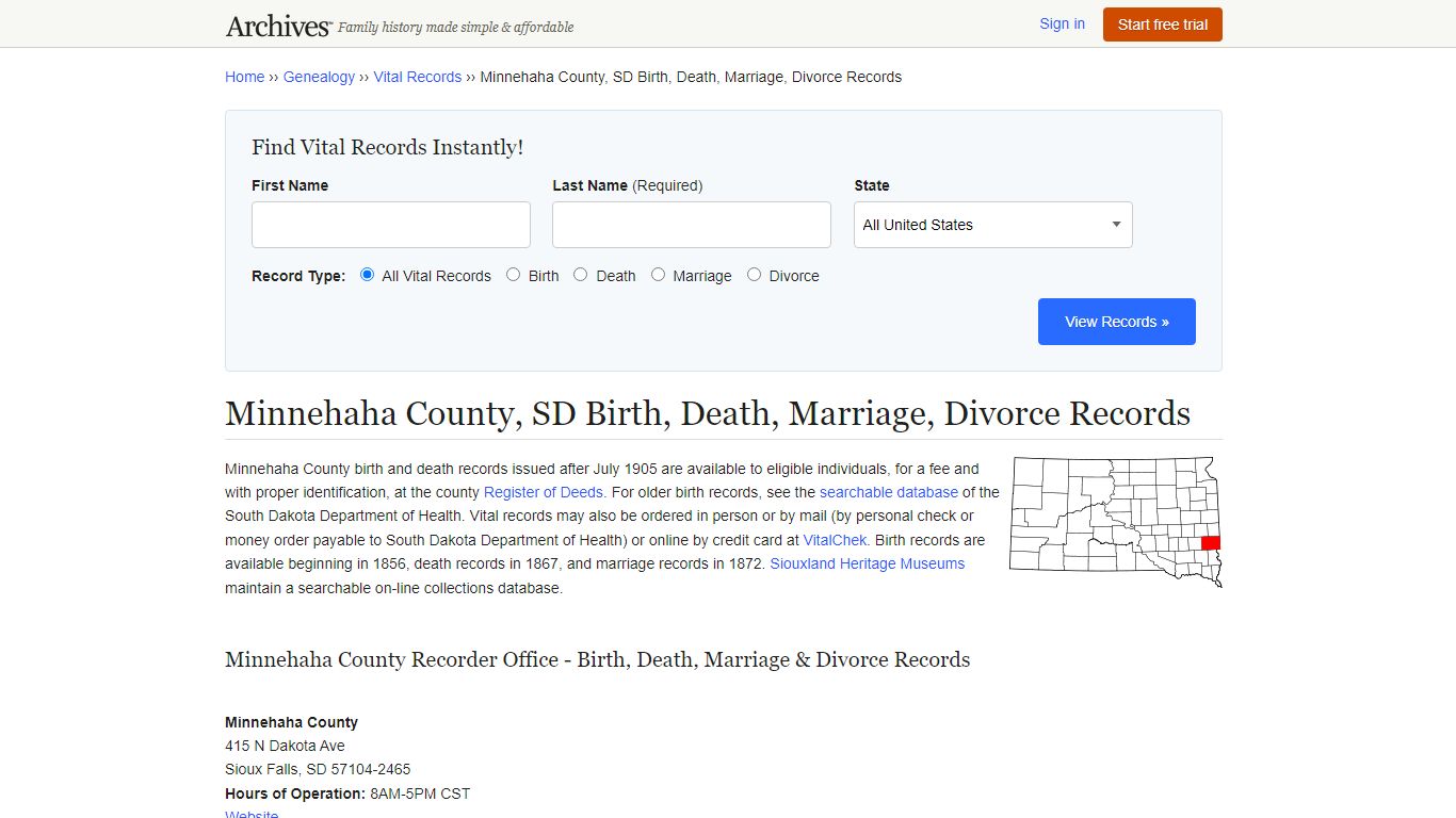 Minnehaha County, SD Birth, Death, Marriage, Divorce Records