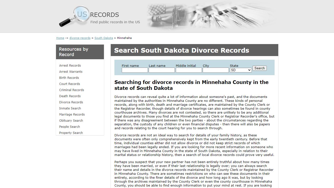 Search Divorce Records Minnehaha South Dakota | US Records